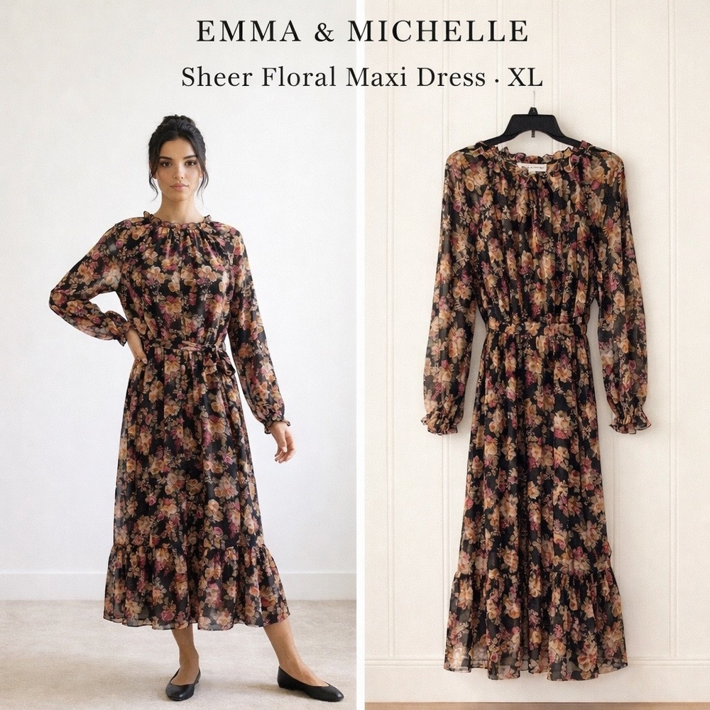 Emma & Michele Shear Floral Maxi Dress XL Boho Long Sleeve Tie Waist Cottagecore